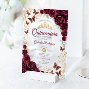Burgundy Gold Floral Quinceanera Acrylic Invitations