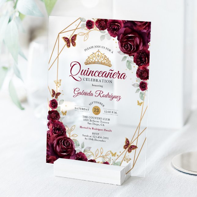 Burgundy Gold Floral Quinceanera Acrylic Invitations (Creator Uploaded)