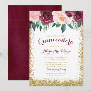 Burgundy Gold Floral Quinceanera Invitations