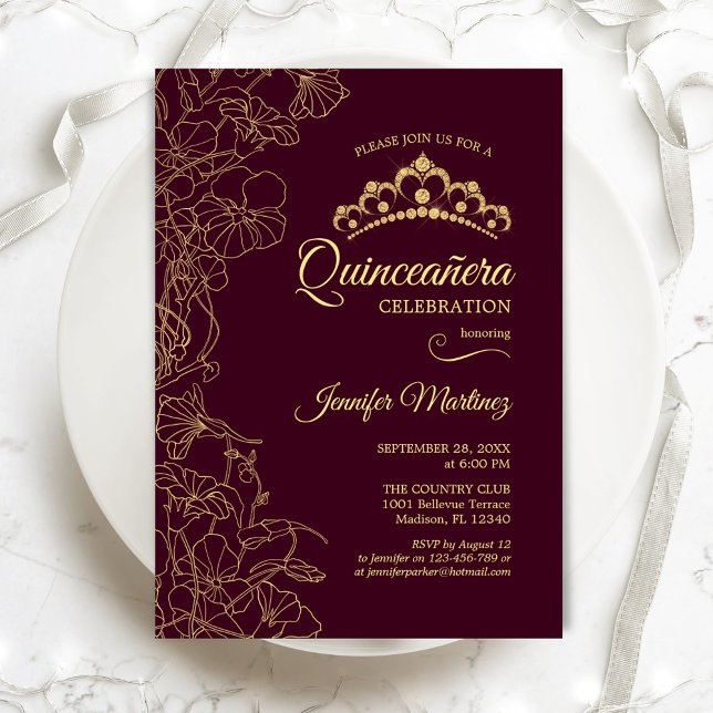Burgundy Gold Floral Quinceanera Party Invitation (Creator Uploaded)