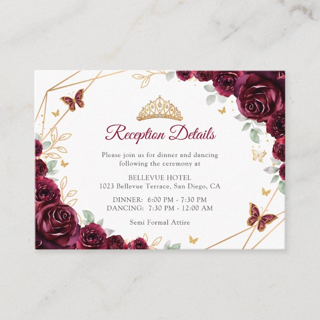 Burgundy Gold Floral Quinceanera Reception Details Enclosure Card (Front)