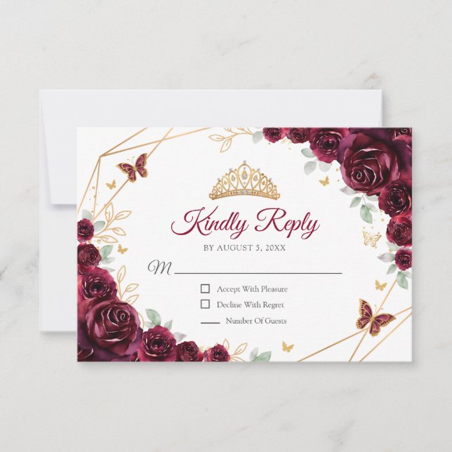 Burgundy Gold Floral Quinceanera Reply RSVP Card (Front)