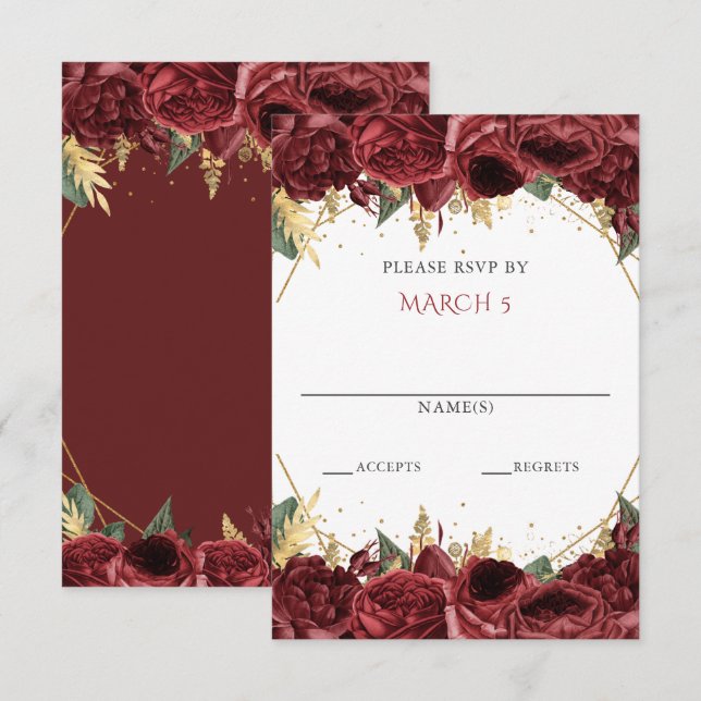 Burgundy Gold Floral Quinceanera  RSVP Card (Front/Back)