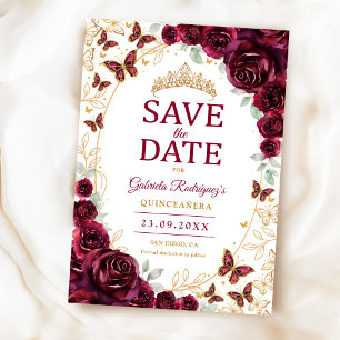 Burgundy Gold Floral Quinceanera Save The Date