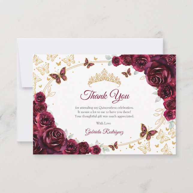 Burgundy Gold Floral Quinceanera Thank You Card (Front)