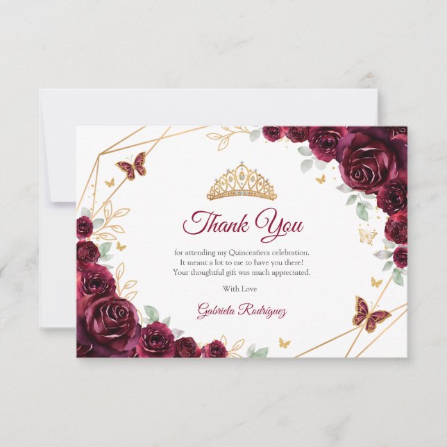 Burgundy Gold Floral Quinceanera Thank You Card (Front)
