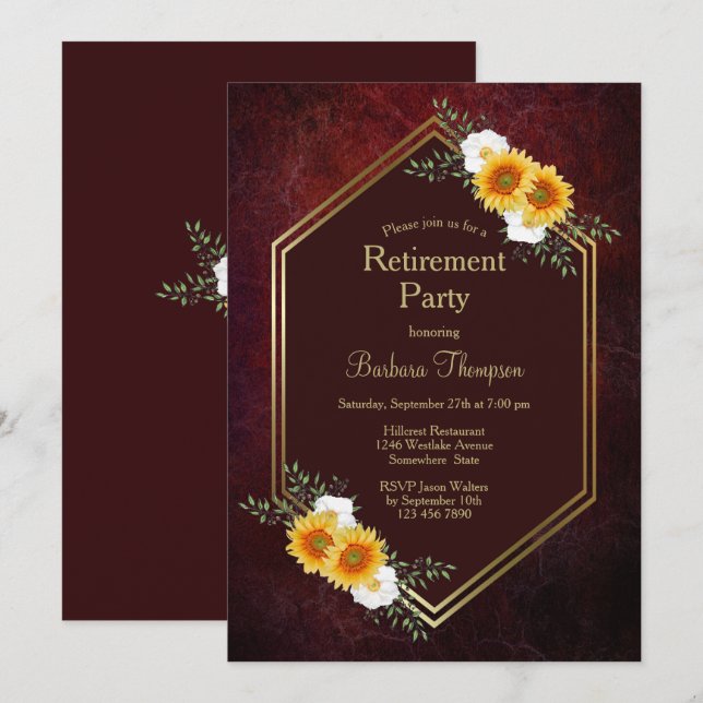 Burgundy Gold Floral Retirement Party Invitation (Front/Back)