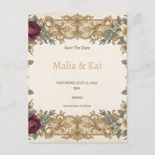 Burgundy Gold Floral Save the Date Announcement Postcard