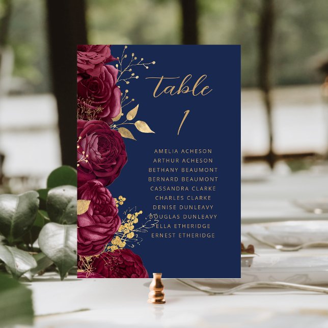Burgundy Gold Floral Script Navy Blue Wedding Table Number (Creator Uploaded)