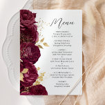 Burgundy Gold Floral Script Wedding Menu<br><div class="desc">This elegant modern wedding menu features a border of burgundy flowers and gold faux foil leaves. The customisable text combines charcoal grey handwriting script and sans serif fonts. The floral border design is repeated on the reverse side.</div>