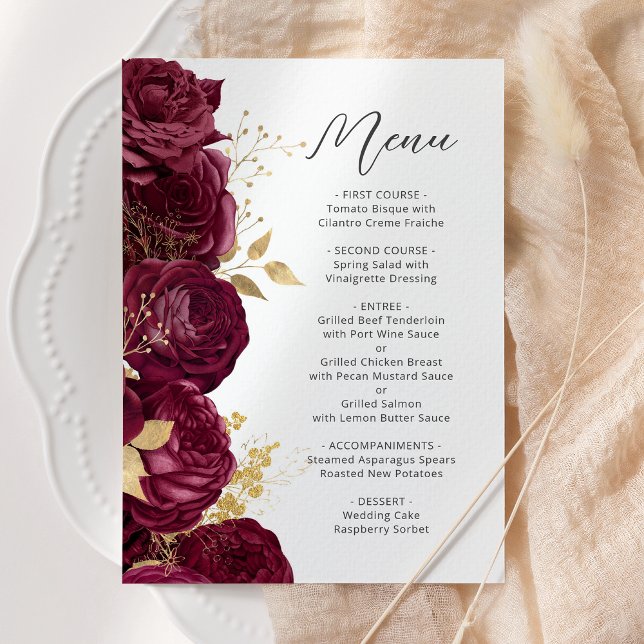 Burgundy Gold Floral Script Wedding Menu (Creator Uploaded)