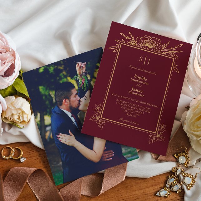 Burgundy Gold Floral Simple Monogram Photo Wedding Invitation (Creator Uploaded)