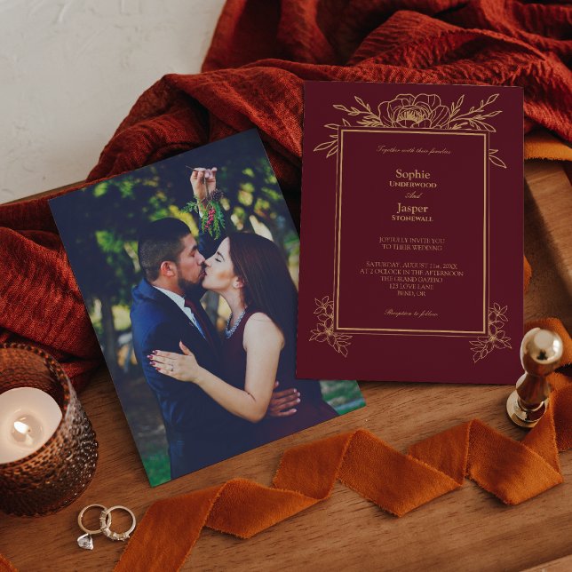 Burgundy Gold Floral Simple Photo Wedding Invitation (Creator Uploaded)