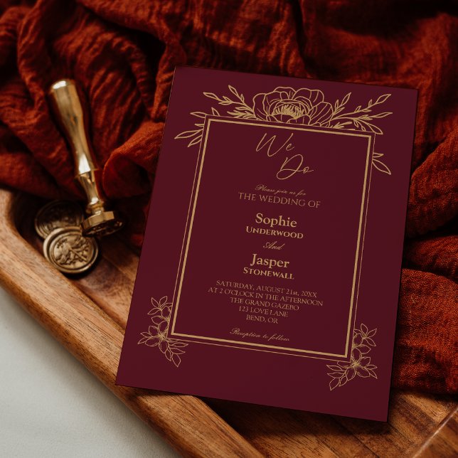 Burgundy Gold Floral Simple We Do Wedding Invitation (Creator Uploaded)