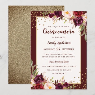 Burgundy Gold floral Sparkle Quinceanera Invite
