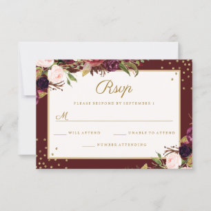 Burgundy Gold floral Sparkle RSVP Card