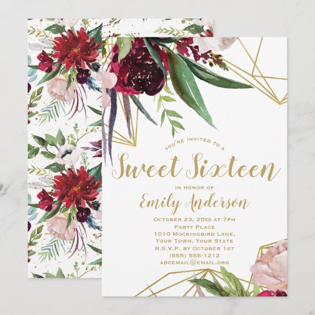 Burgundy Gold Floral Sweet 16 Invitation (Front/Back)