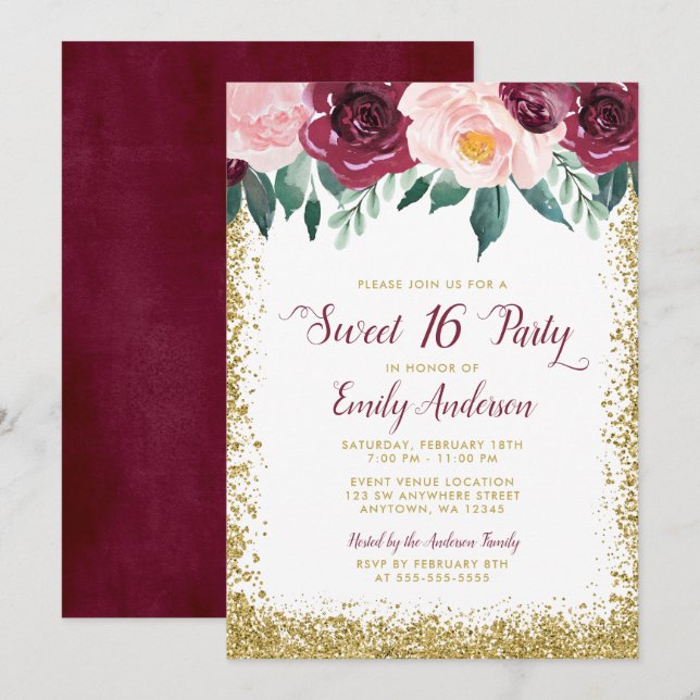 Burgundy Gold Floral Sweet 16 Party Invitation (Front/Back)
