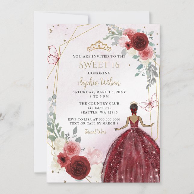 Burgundy Gold Floral Tan Princess Sweet 16 Invitation (Front)