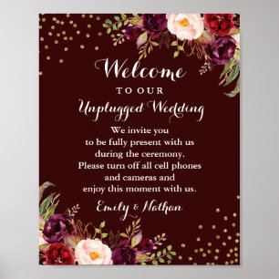Burgundy Gold Floral Unplugged Wedding Sign