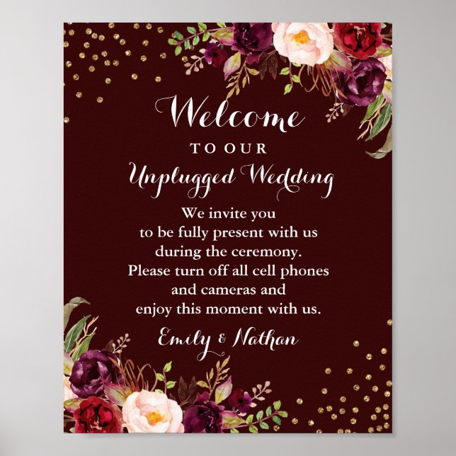Burgundy Gold Floral Unplugged Wedding Sign (Front)