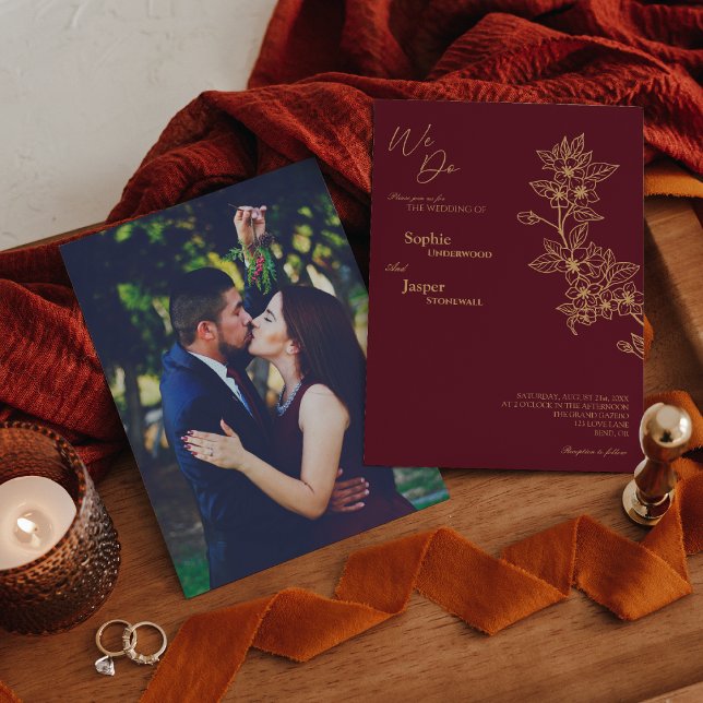 Burgundy Gold Floral We Do Photo Wedding Invitation (Creator Uploaded)