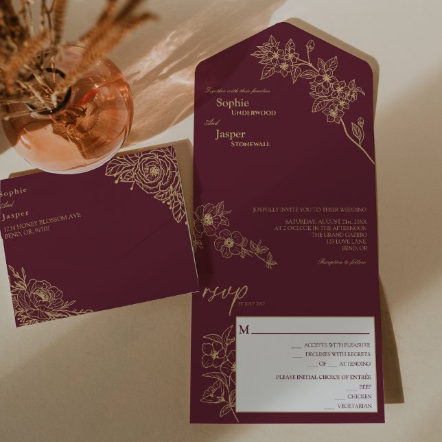 Burgundy Gold Floral Wedding All In One Invitation (Creator Uploaded)