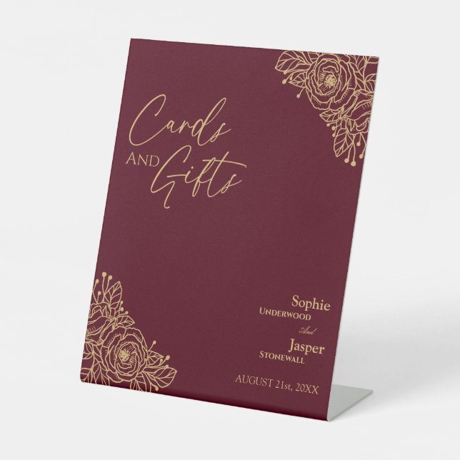 Burgundy Gold Floral Wedding Cards and Gifts Sign (Front)