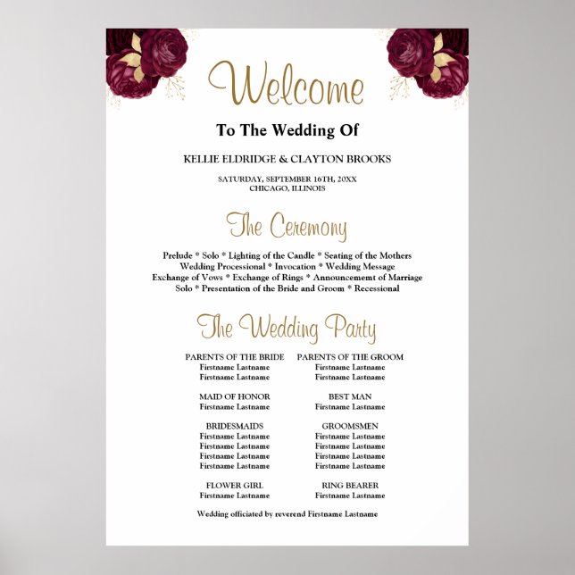 Burgundy/Gold Floral Wedding Ceremony Program Sign (Front)