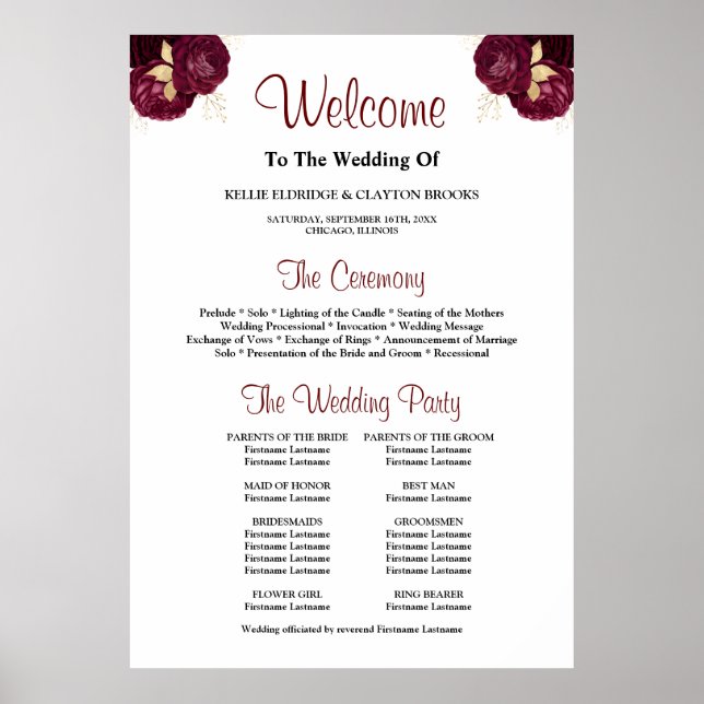 Burgundy/Gold Floral Wedding Ceremony Program Sign (Front)