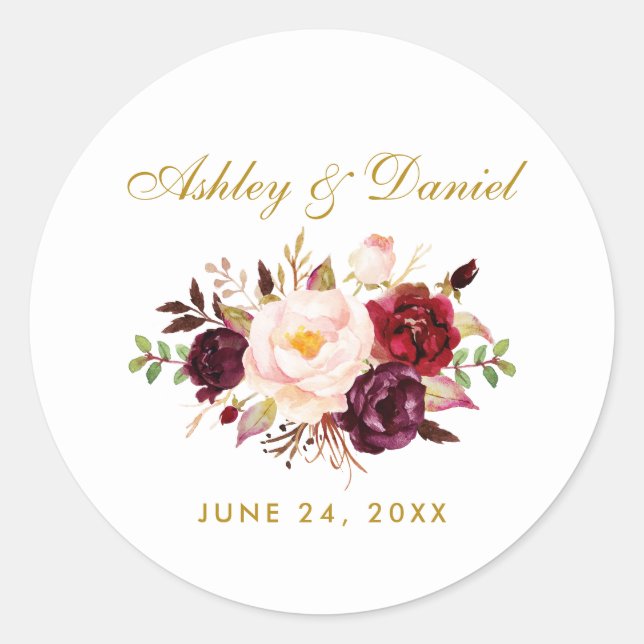 Burgundy Gold Floral Wedding Classic Round Sticker (Front)