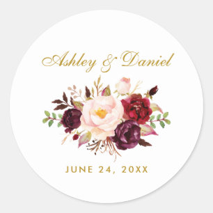 Burgundy Gold Floral Wedding Classic Round Sticker