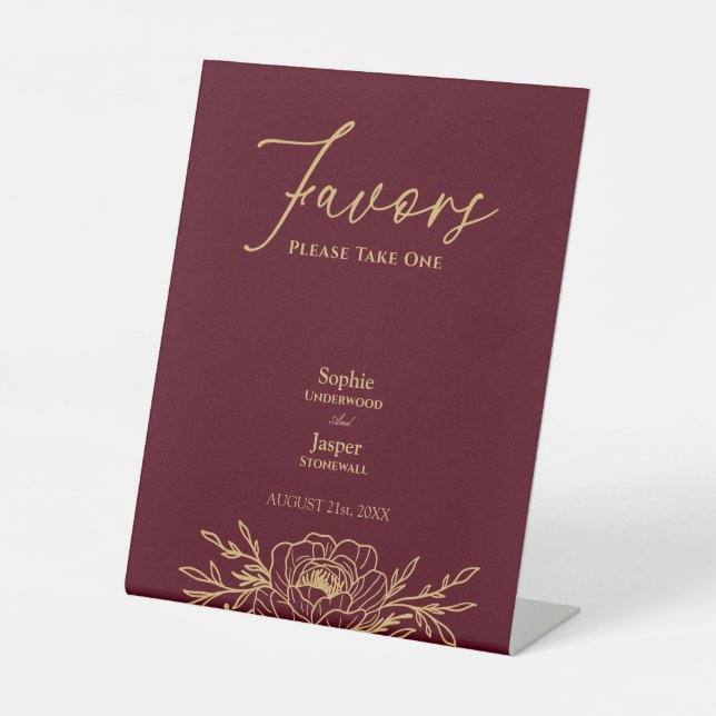 Burgundy Gold Floral Wedding Favours Pedestal Sign (Front)