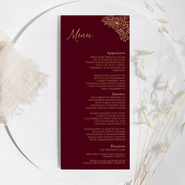 Burgundy Gold Floral Wedding Flat Menu (Creator Uploaded)
