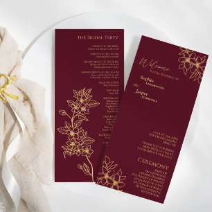 Burgundy Gold Floral Wedding Flat Program Programme