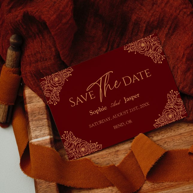 Burgundy Gold Floral Wedding Flat Save The Date (Creator Uploaded)