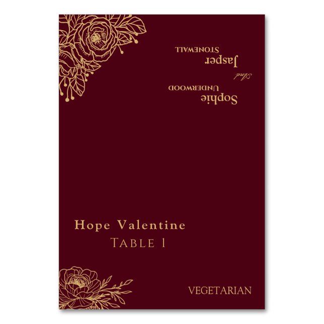 Burgundy Gold Floral Wedding Foldable Place Card (Front)