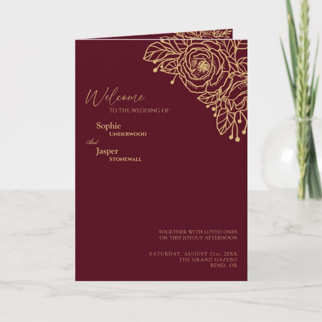 Burgundy Gold Floral Wedding Folded Program Programme (Front)