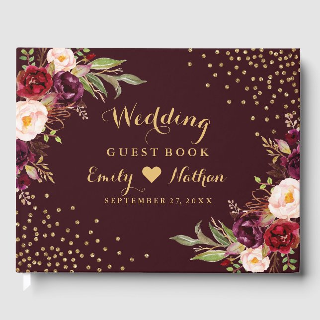 Burgundy Gold Floral Wedding Guest Book (Front)