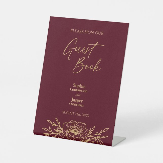 Burgundy Gold Floral Wedding Guest Book Sign (Front)