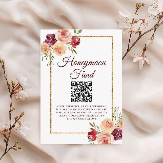 Burgundy Gold Floral Wedding Honeymoon Fund Enclosure Card (Creator Uploaded)
