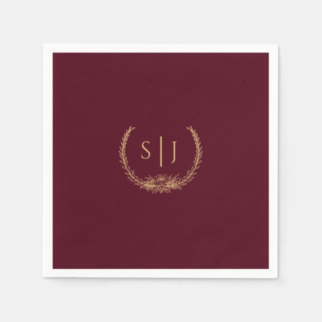 Burgundy Gold Floral Wedding Monogram Napkin (Front)