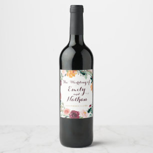 Burgundy Gold Floral Wedding of Wine Label