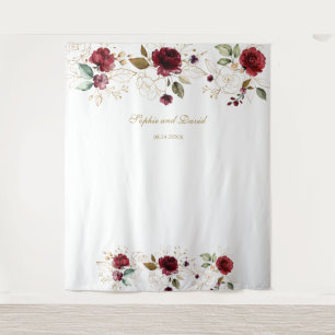 Burgundy Gold Floral Wedding Photo Booth Backdrop Tapestry
