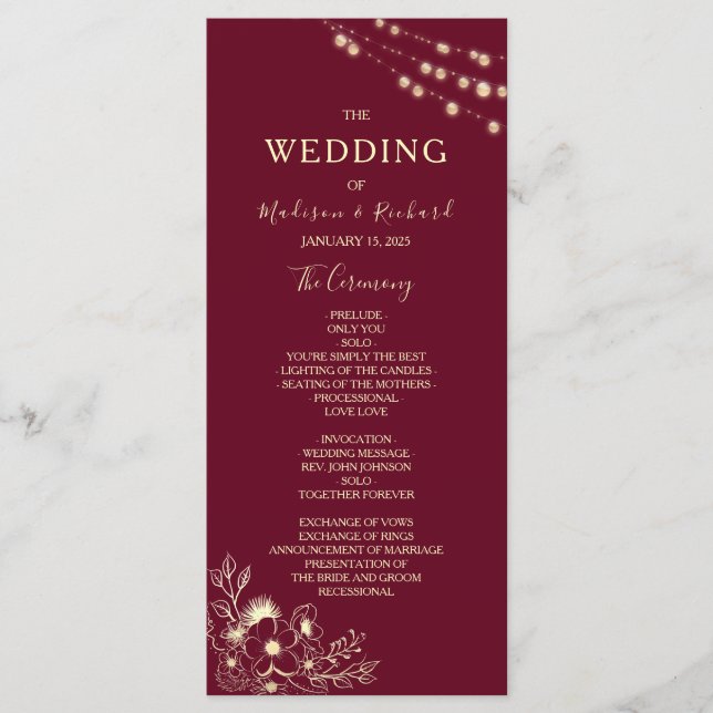 Burgundy Gold Floral Wedding Program Card (Front)