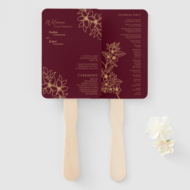 Burgundy Gold Floral Wedding Program Fan (Front and Back)
