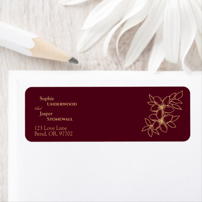 Burgundy Gold Floral Wedding Return Address Label (Insitu)
