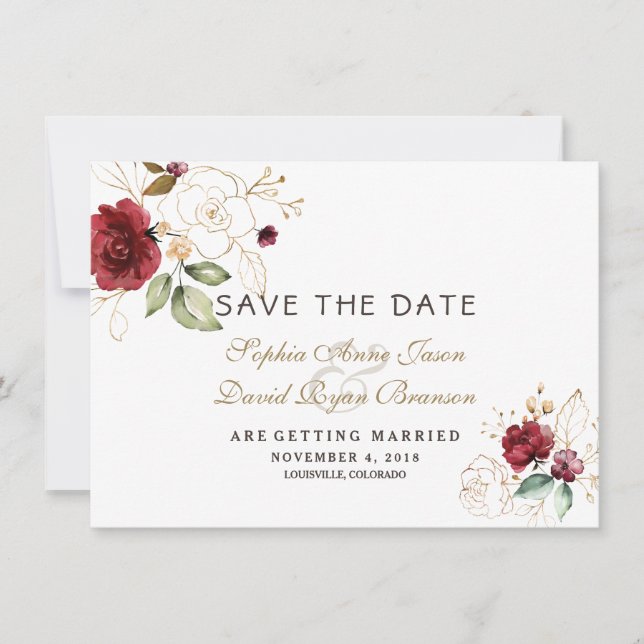 Burgundy Gold Floral Wedding Save The Date (Front)