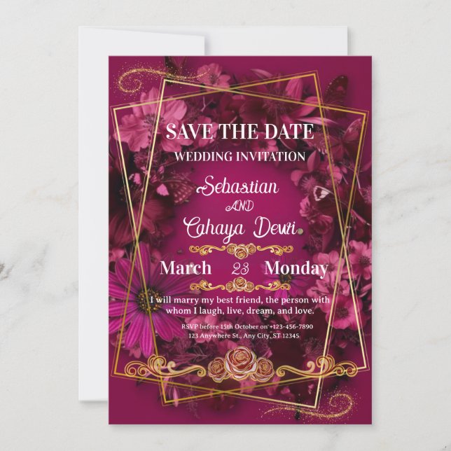Burgundy Gold Floral Wedding Save the Date Invitation (Front)