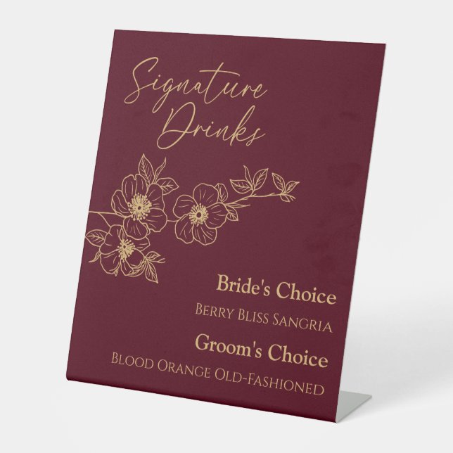 Burgundy Gold Floral Wedding Signature Drinks Sign (Front)